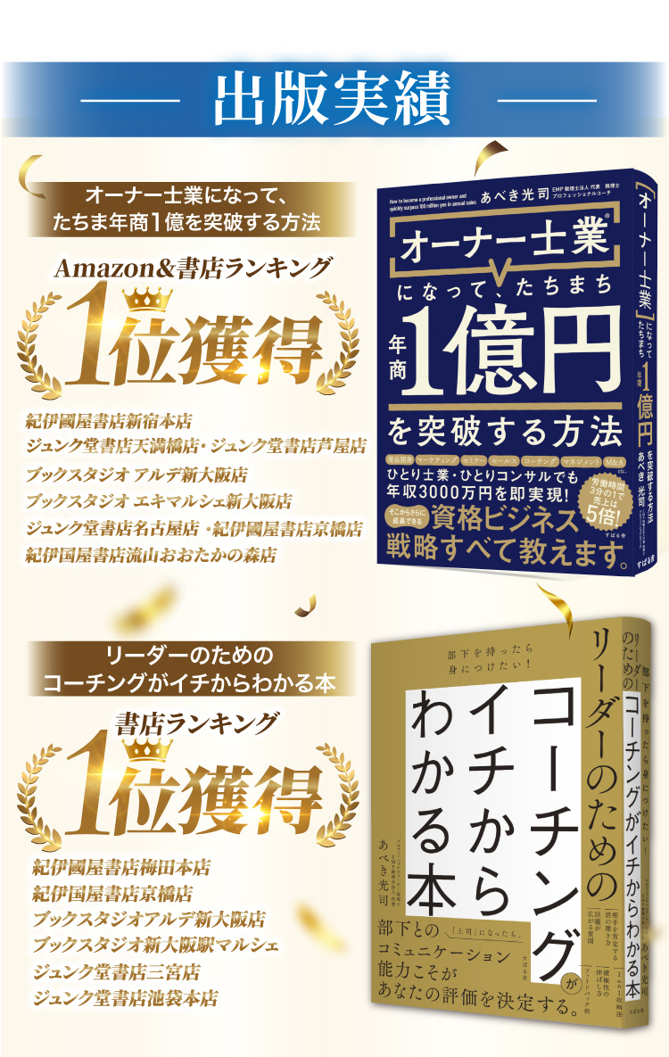 出版実績・オーナー士業になって、たちまち年商1億円を突破する方法、amazon.書店ランキング1位獲得!