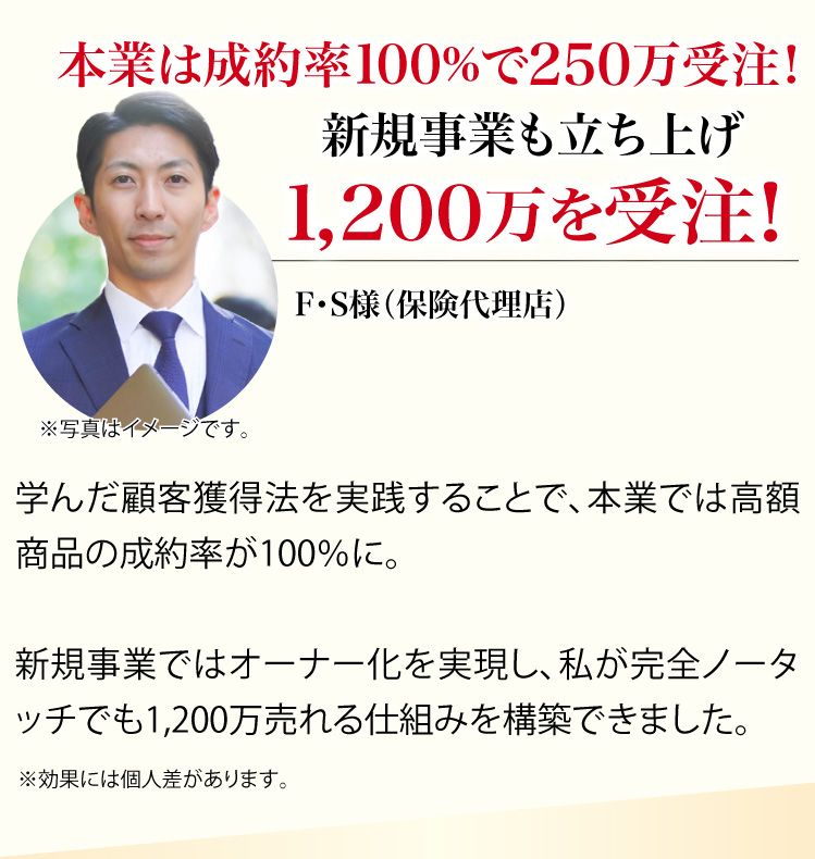 本業は成約率100%で250万円受注！新規事業も立ち上げ1,200万を受注！ F.S様（保険代理店）※効果には個人差があります。