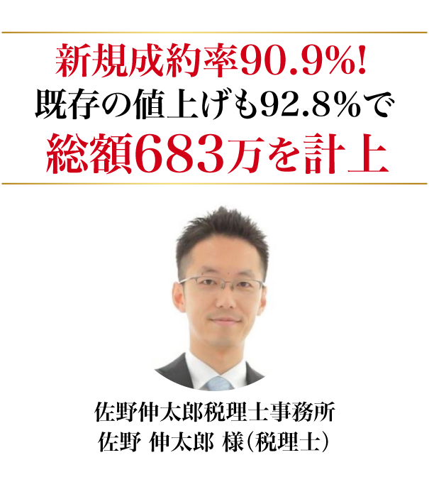 新規成約率90.9%!既存の値上げも92.8%で総額683万を計上。佐野伸太郎税理士事務所 佐野 伸太郎（税理士）
