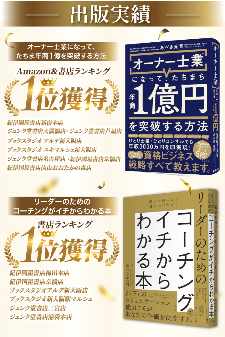 出版実績・オーナー士業になって、たちまち年商1億円を突破する方法、amazon.書店ランキング1位獲得!